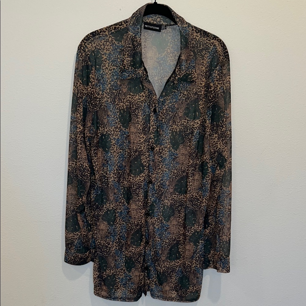 PLT 12 Sheer Print Button Up Shirt Cover Up